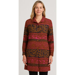 Dana Buchman 100% silk shirt dress tunic button front burgundy paisley sz 14